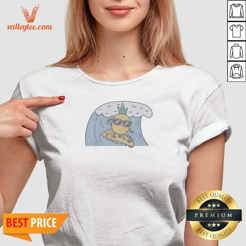 Official Top Cool Pineapple Wearing Sunglasses Surfing On Pizza Slice Ocean Wave Cartoon V Neck Shirt v neck optimized showing vibrant graphic on soft fabric