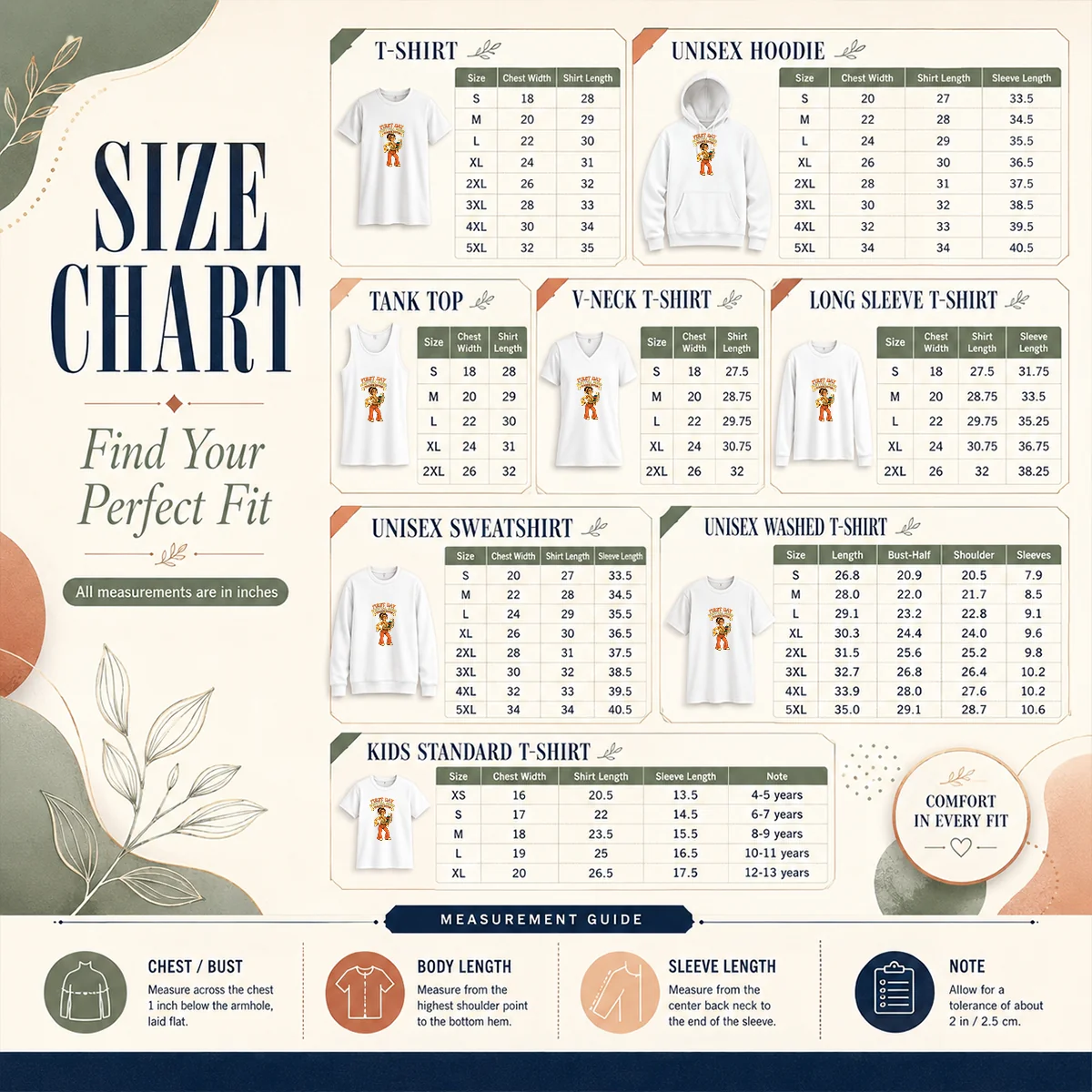 Nice First Day Survival Teacher Vintage Size Chart Size chart for Nice First Day Survival Teacher Vintage showing measurements in inches and cm