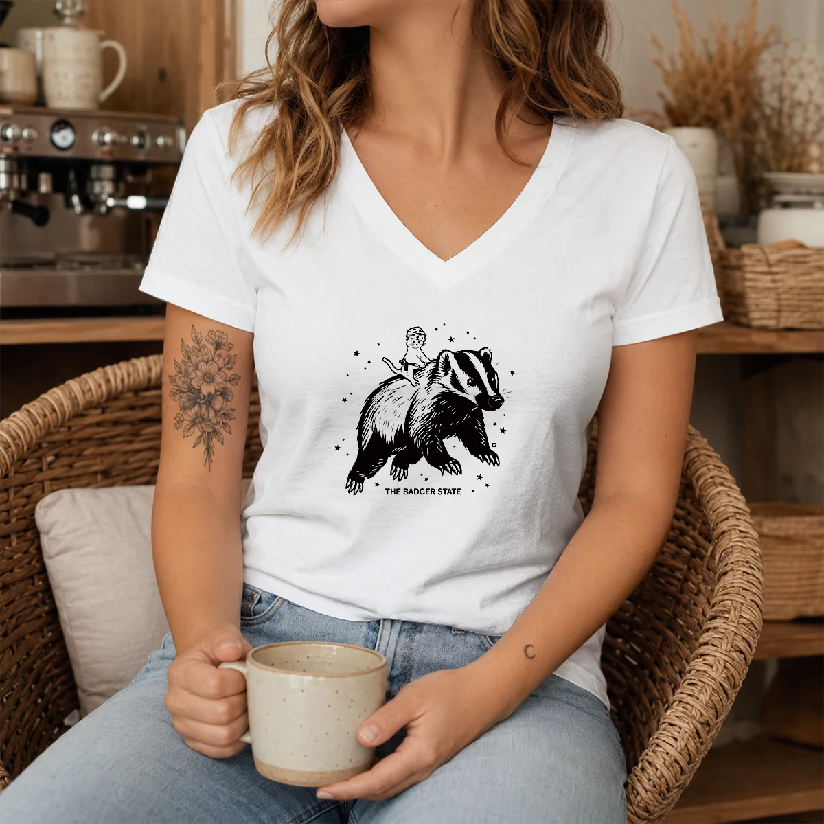 Nice Gary Riding Badger Ivory Heavyweight V Neck Shirt in ivory color showing soft heavyweight fabric and classic v neck style