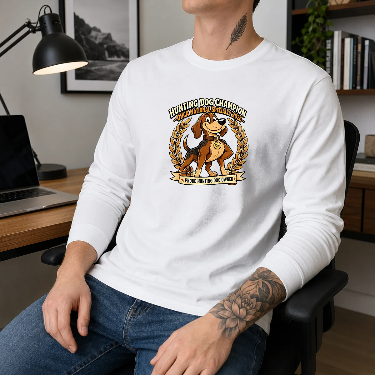 Nice OHCA National Specialty Hunting Dog Pride Cartoon Long Sleeve Shirt featuring a colorful hunting dog graphic on a comfortable long sleeve garment