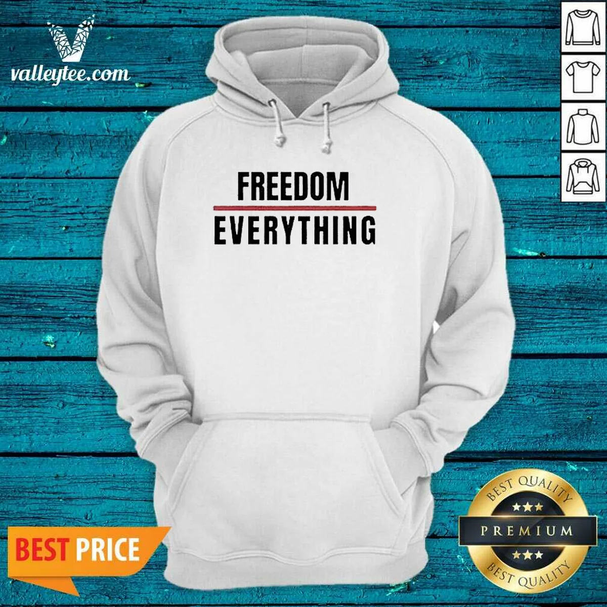 Official Freedom For Everything Hoodie in black with front pocket and adjustable drawstring hood