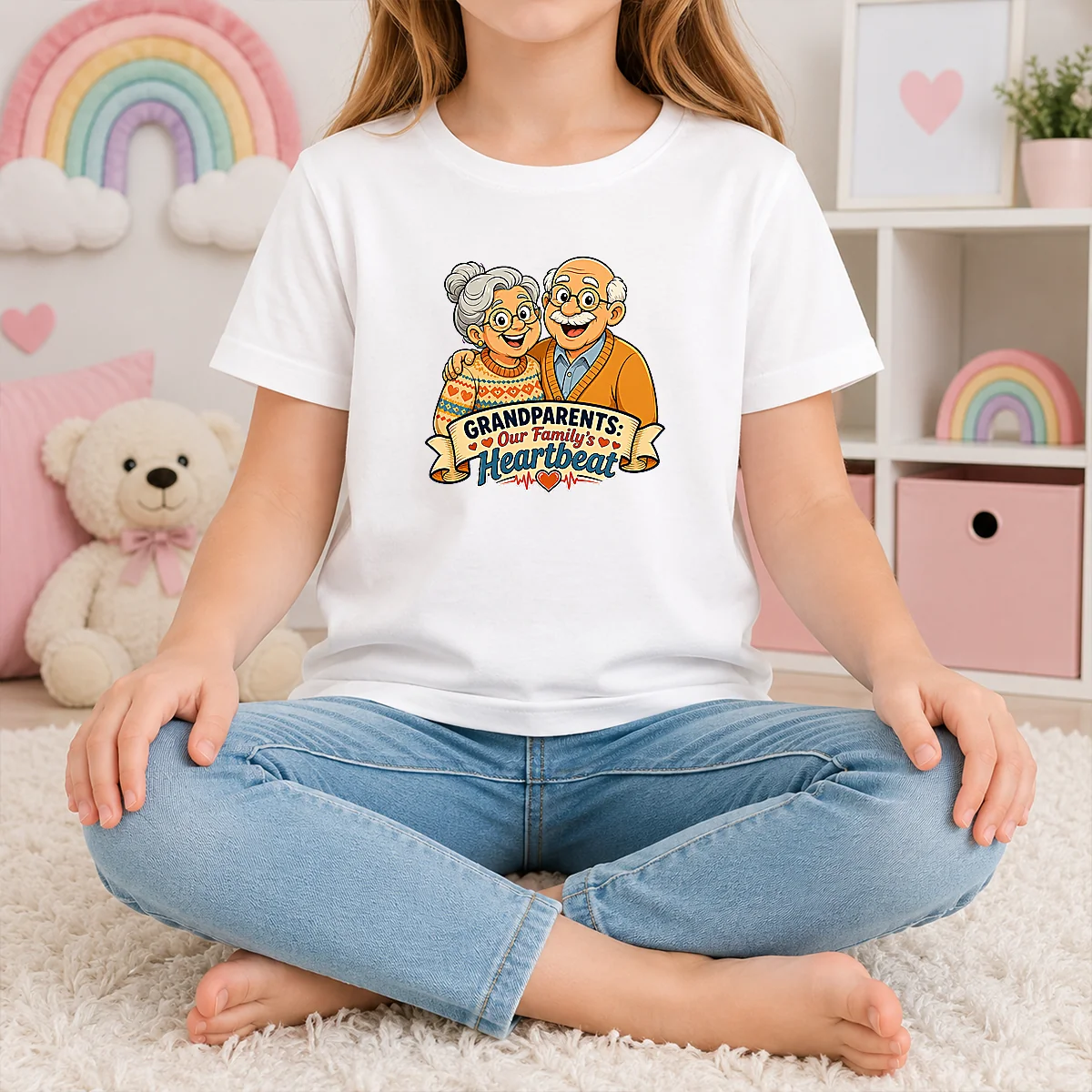 Original Grandparents Day Cartoon Honoring Family Heartbeat Kids T-Shirt