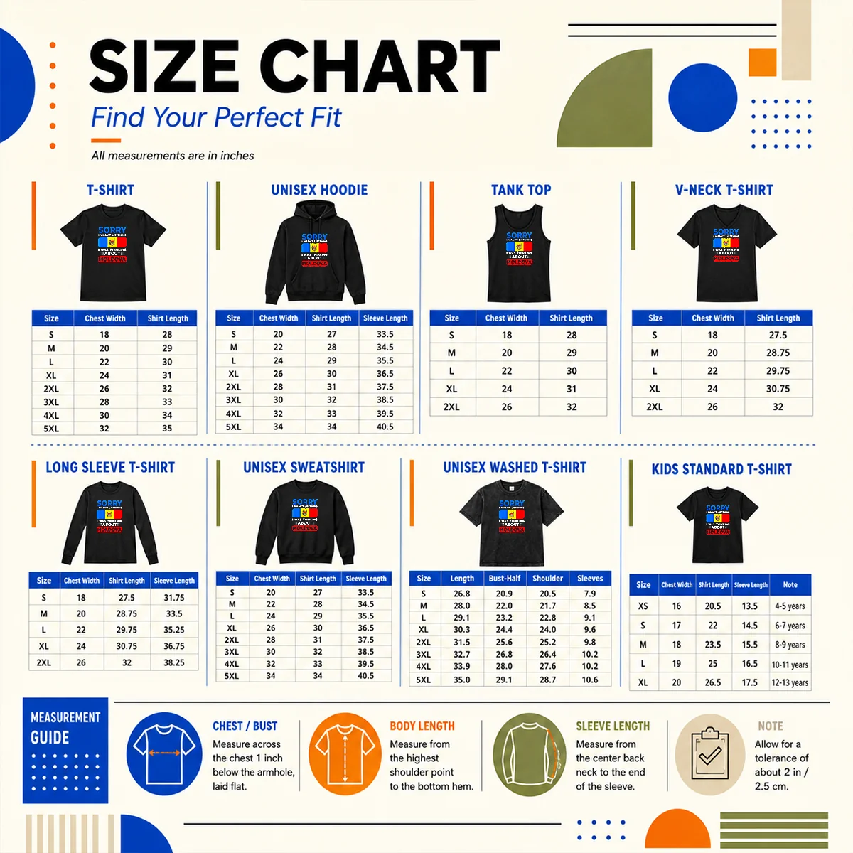 Original Sorry I Wasn'T Listening I Was Thinking About Moldova Size Chart Size chart for Original Sorry I Wasn'T Listening I Was Thinking About Moldova with measurements in inches and cm