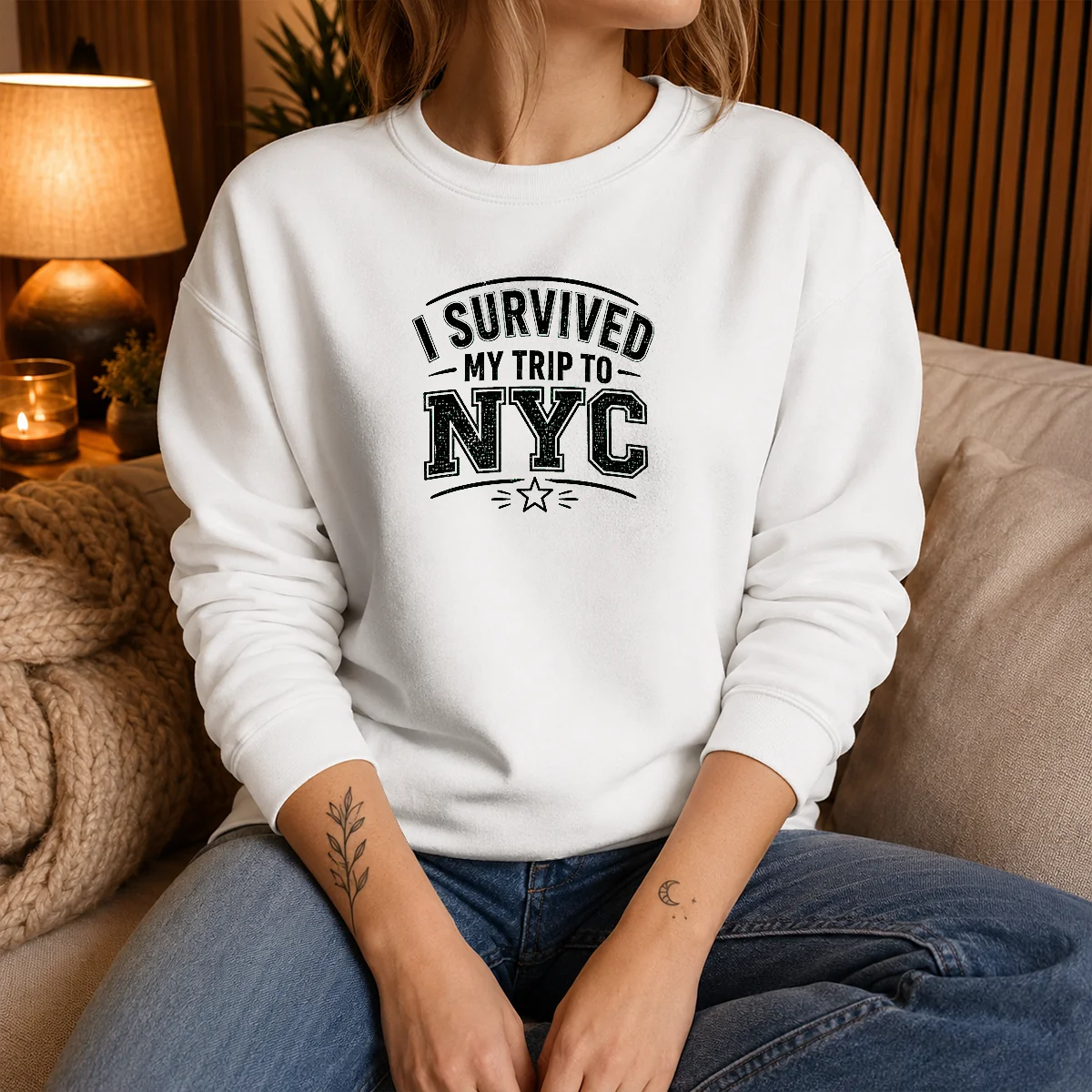 Premium I Survived My Trip To NYC Funny Tee Line Art Sweater in charcoal gray, featuring long sleeves and a comfortable crewneck fit