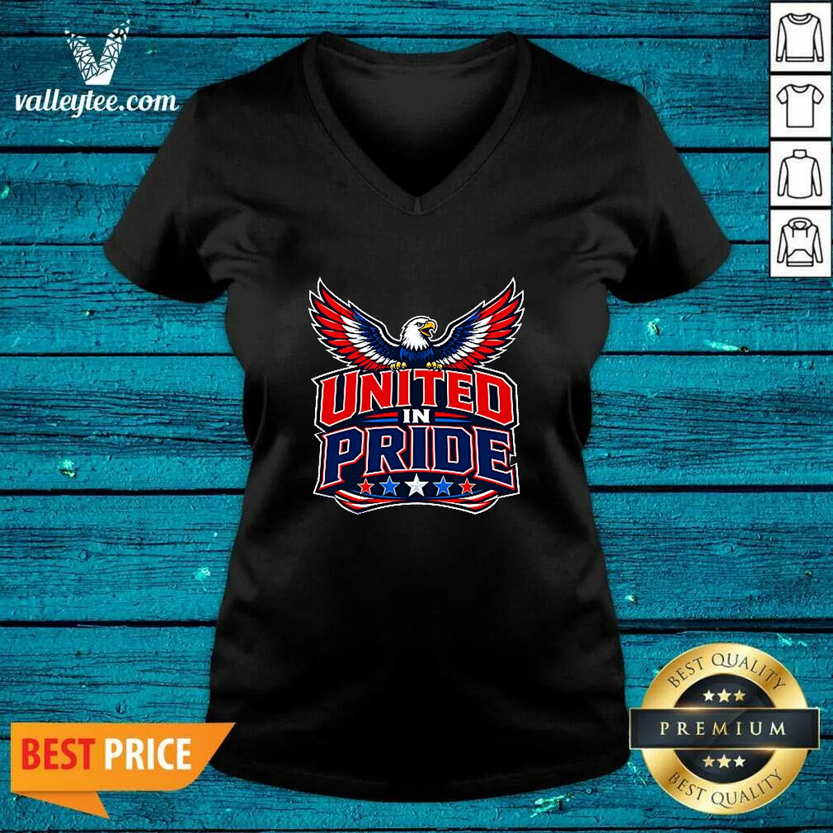 Premium United In Pride Eagle Typography V Neck Shirt in charcoal gray, featuring bold eagle and typography design on front