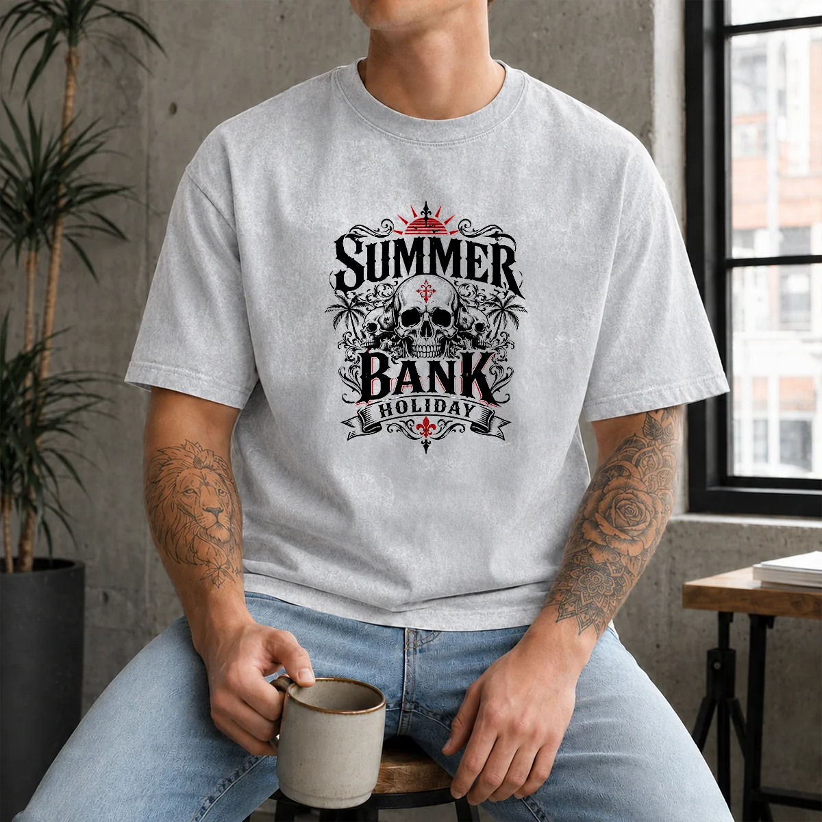 Good Gothic Skull Palm Summer Bank Holiday Ornate Washed T-Shirt