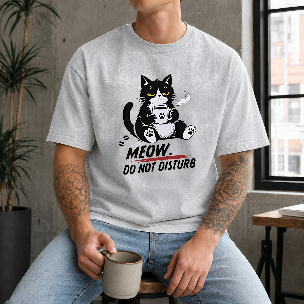 Official Meow Do Not Disturb Grumpy Cat With Coffee Washed T-Shirt
