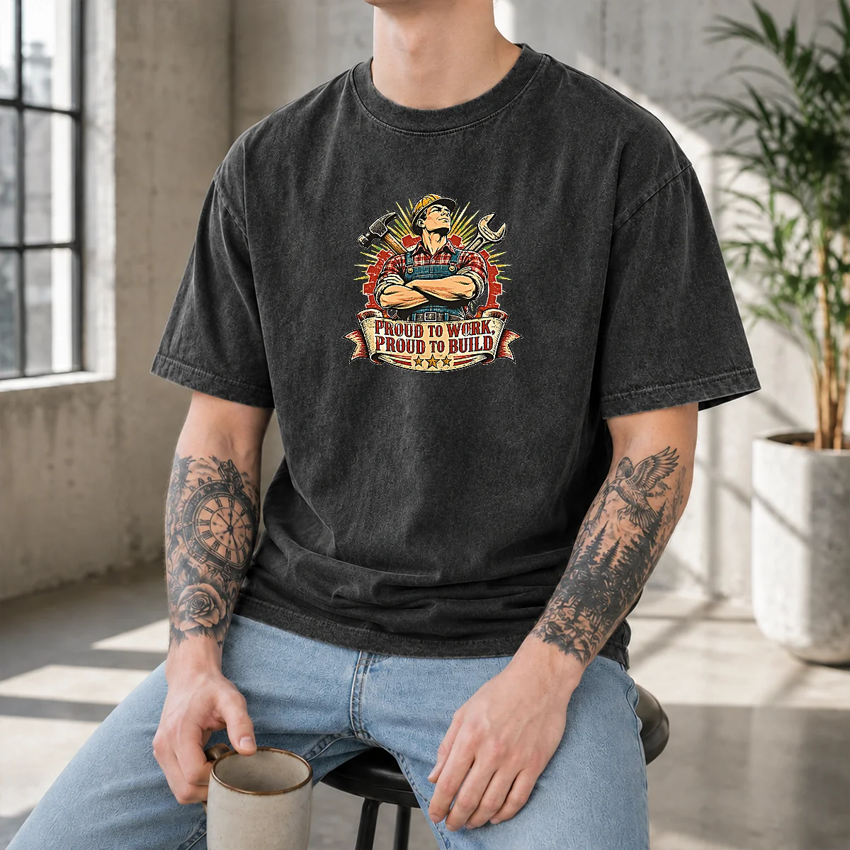 Original Vintage Labour Day Proud Worker Graphic Washed T-Shirt