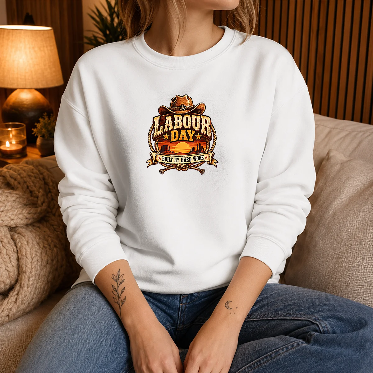Pretty Labour Day Built By Hard Work Desert Sunset Cowboy Sweater