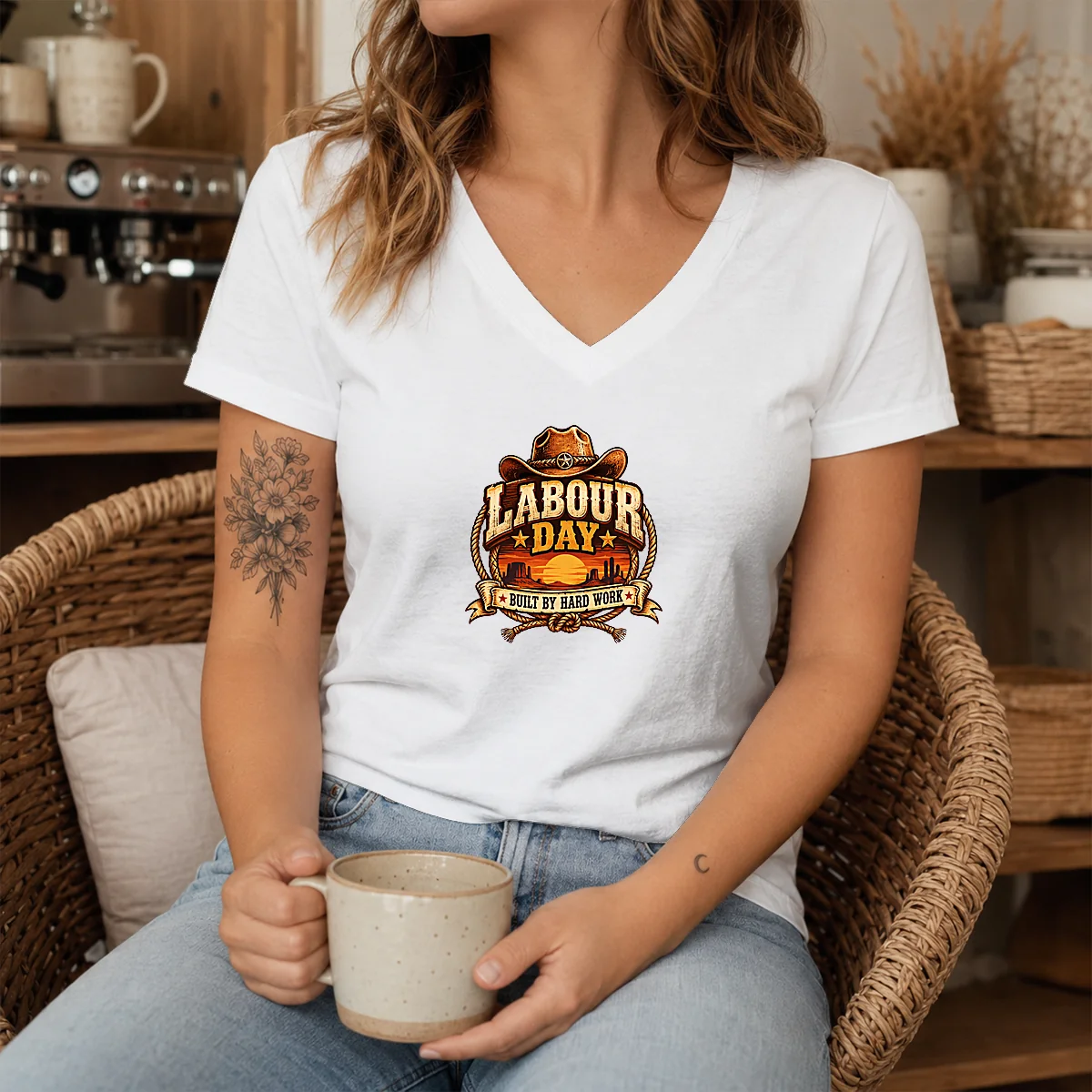 Pretty Labour Day Built By Hard Work Desert Sunset Cowboy V-Neck Shirt
