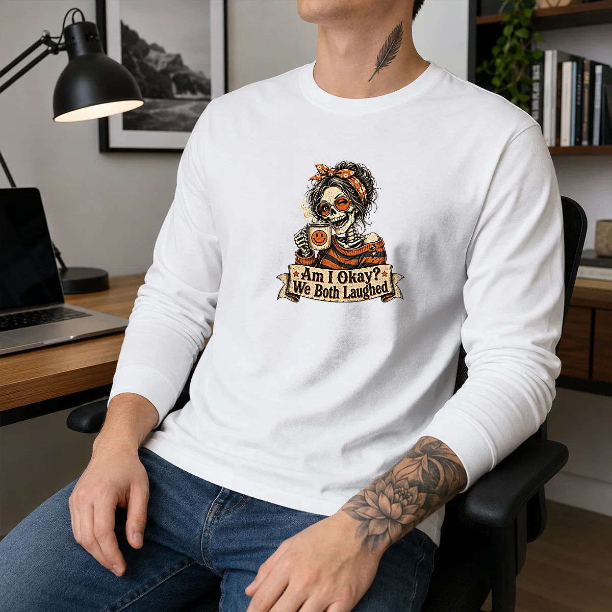 Top Vintage Funny Halloween Skeleton Girl Coffee Long Sleeve Shirt